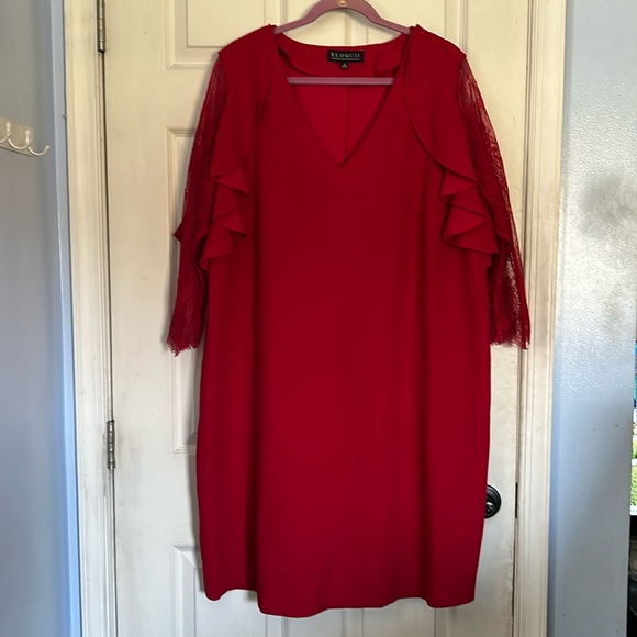 Eloquii Dresses & Skirts - Eloquii red crepe ruffle shoulders v neck lace sleeve dress size 18